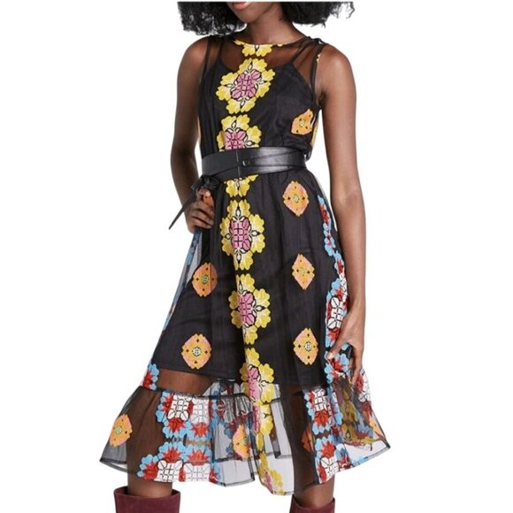 ModCloth Size Medium Follow My Lead Embroidered Midi Dress Floral Black Yellow - Picture 5 of 10